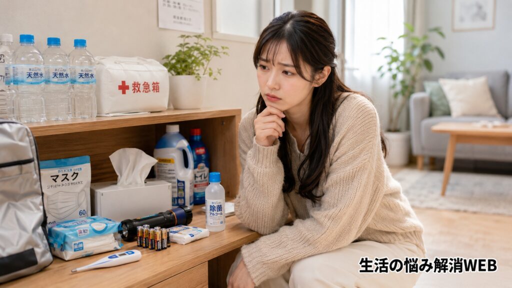 生活用品や防災用品を前に、備えの必要性について考える女性