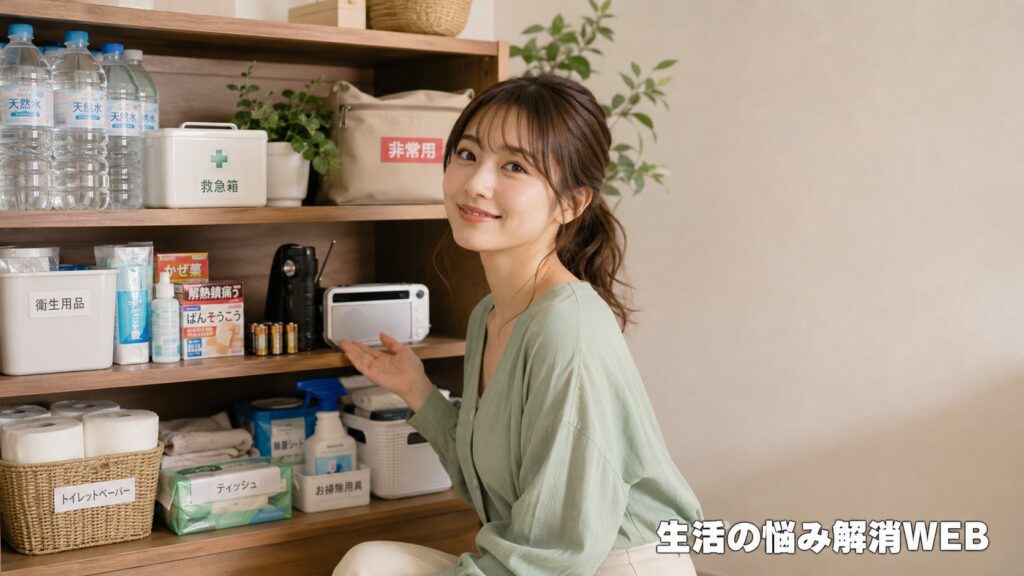 棚に整理された生活用品と非常用品を紹介する女性