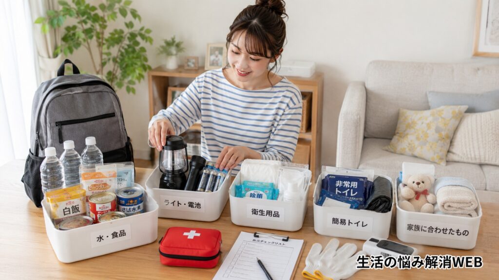 水・食品、ライト・電池、衛生用品、簡易トイレなどを分類しながら防災用品を整理する女性