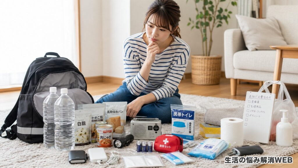 防災リュックや保存水、非常食、携帯トイレなどを前に、何を準備すべきか考える女性
