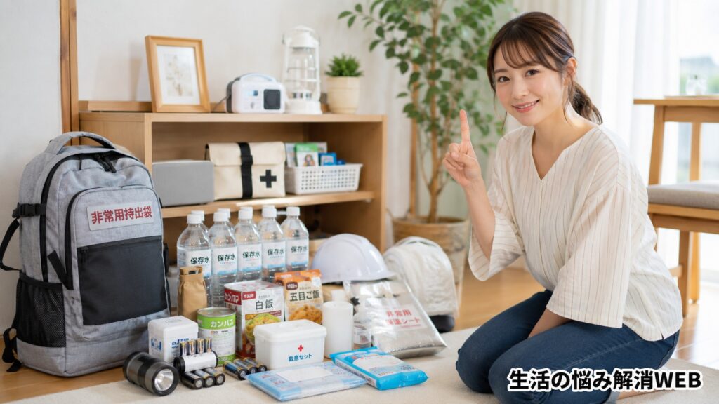 非常用持ち出し袋や保存水、救急セットなどの防災グッズをそろえ、備えのポイントを案内する女性