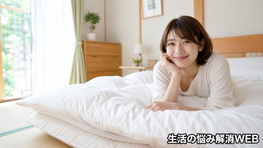 ふっくらした清潔な布団の上で、気持ちよさそうにくつろぐ女性の寝室風景