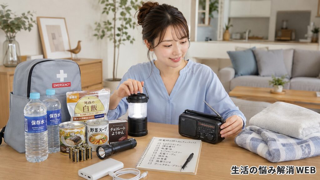 保存水や非常食、ラジオ、ライト、モバイルバッテリーなどを机に並べ、停電対策用品を確認する女性