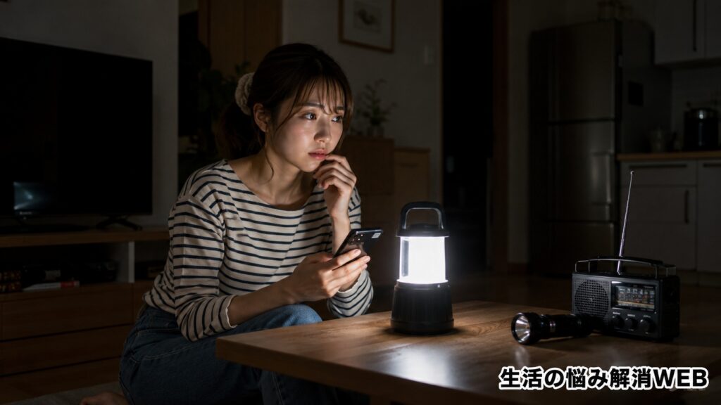 停電した暗い部屋で、ランタンの明かりとラジオを頼りにスマホを確認しながら不安そうに過ごす女性
