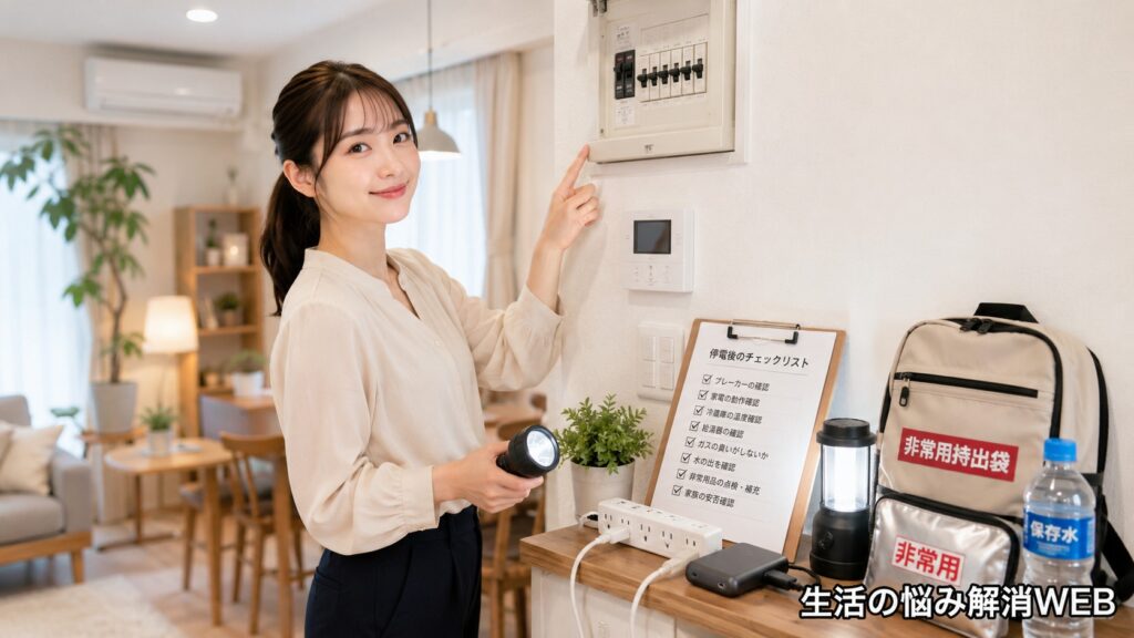 分電盤を指さしながら停電後のチェックリストや非常用持出袋を確認し、安全対策を案内する女性