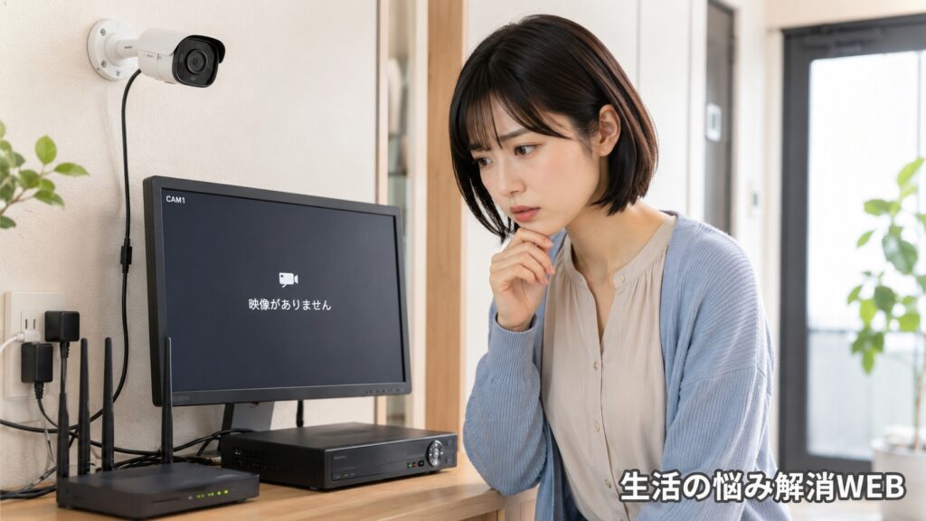 防犯カメラのモニターに「映像がありません」と表示され、電源や録画機、ルーターを前に困っている女性