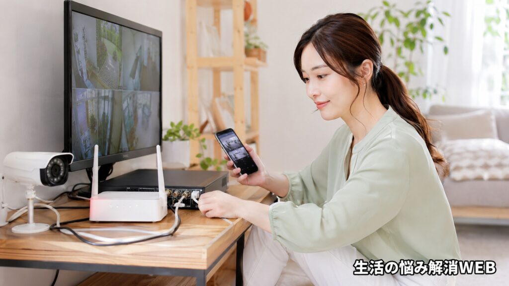 スマートフォンの映像を確認しながら、防犯カメラの録画機やケーブル、Wi-Fiルーターを点検する女性