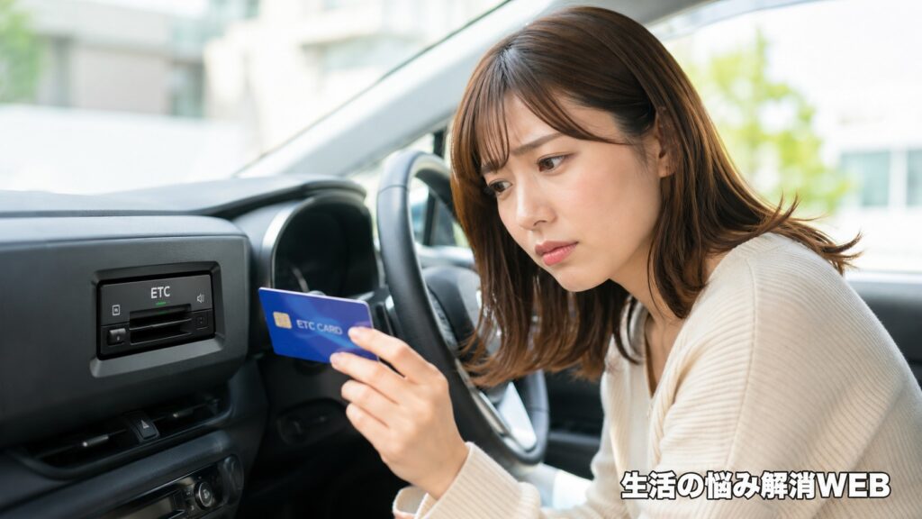 ETCカードを手に持ち、車載器の読み取りエラーに困っている車内の女性