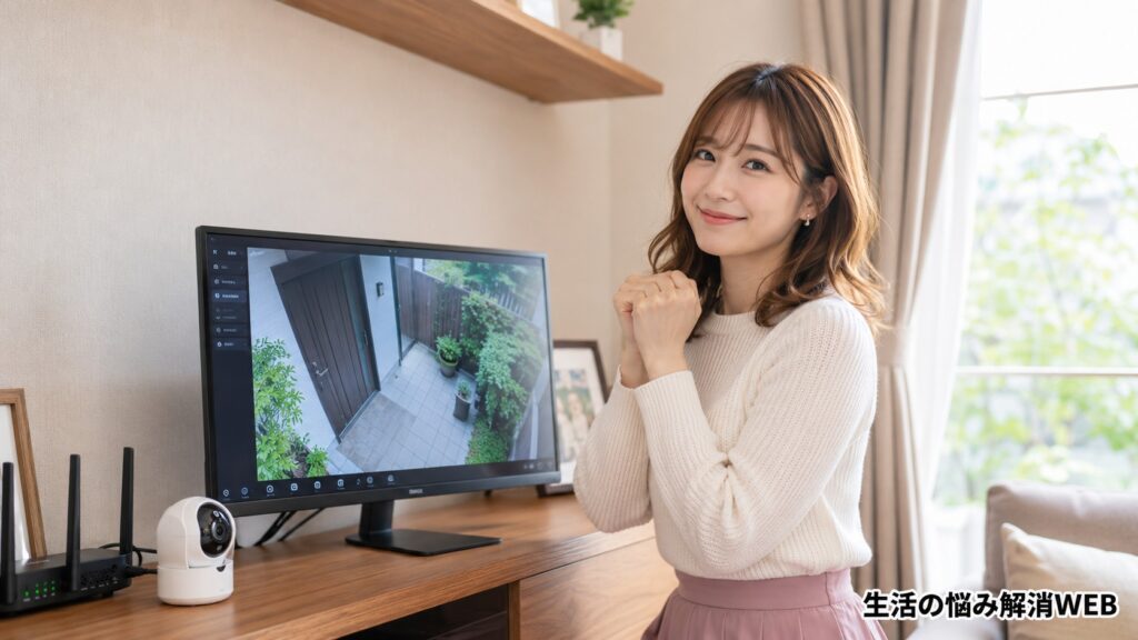 防犯カメラの映像が正常にモニターへ表示され、安心した表情を見せる女性