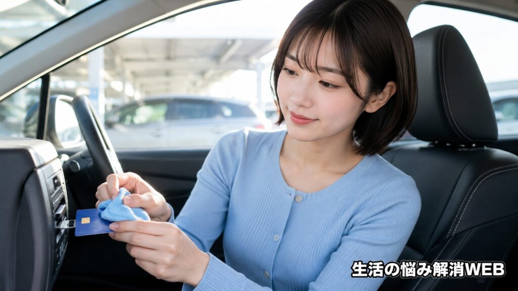 車内でETCカードのICチップを柔らかい布で拭いている女性