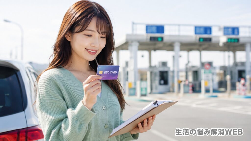料金所の前でETCカードを確認し、チェック項目を整理している女性
