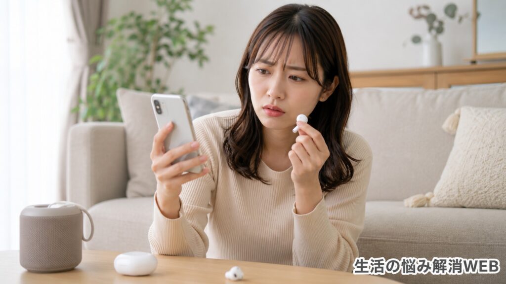 Bluetoothイヤホンがつながらず、スマートフォンを見ながら困っている女性