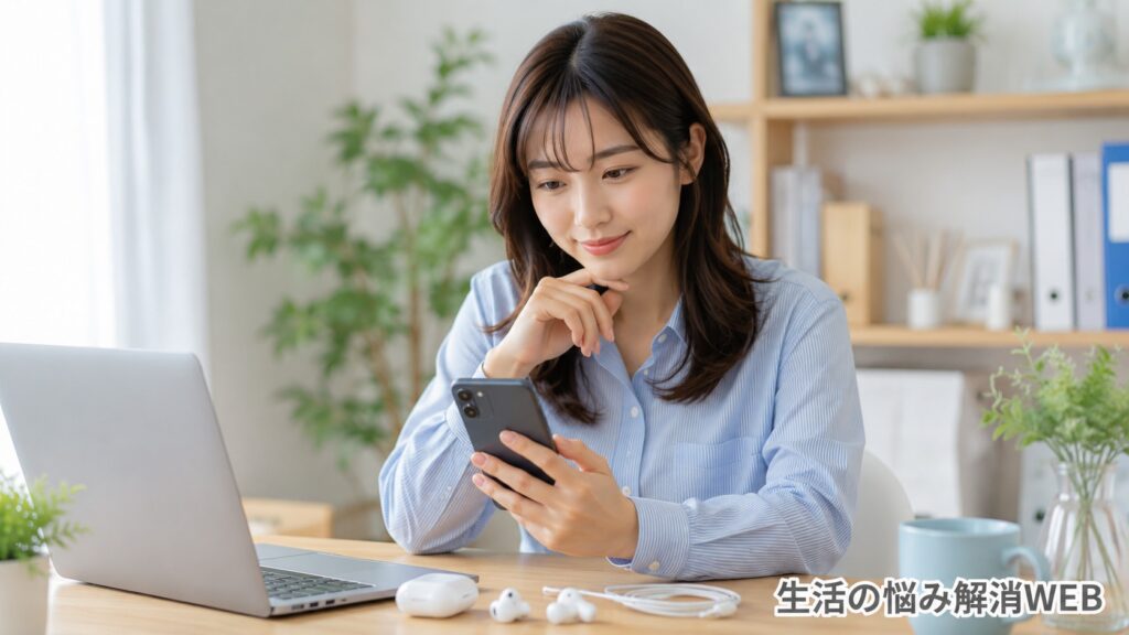スマートフォンでBluetooth設定を確認しながらイヤホンの接続を試す女性
