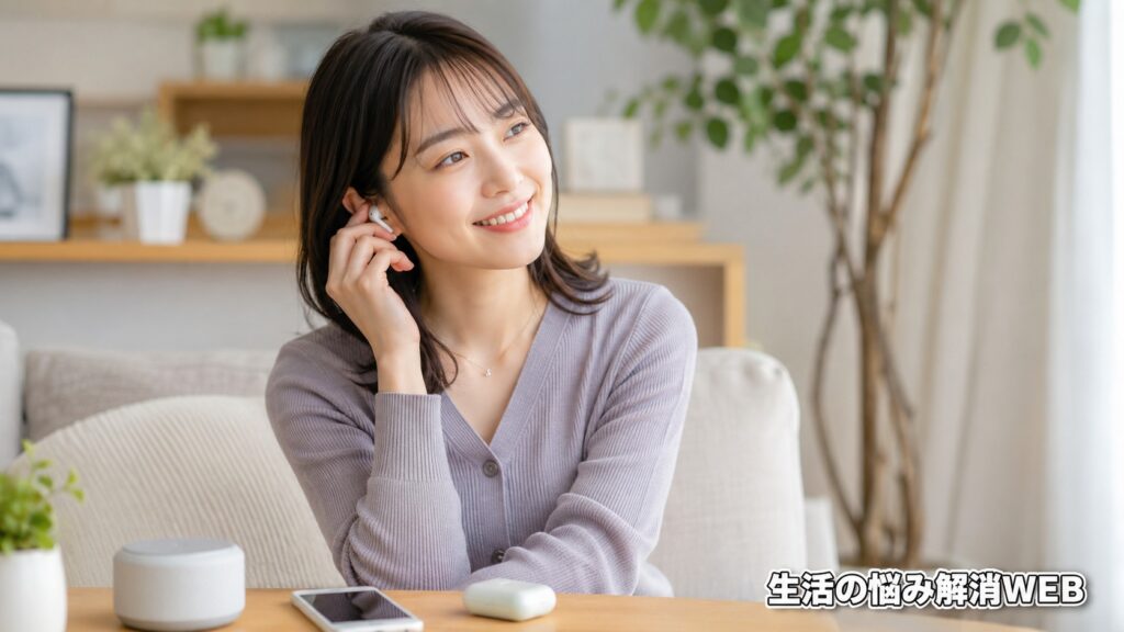 Bluetoothイヤホンの接続ができて安心した表情で音楽を楽しむ女性