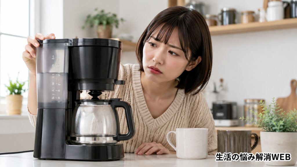 コーヒーメーカーから水が出ず、タンクや抽出部分を確認しながら原因を考える女性