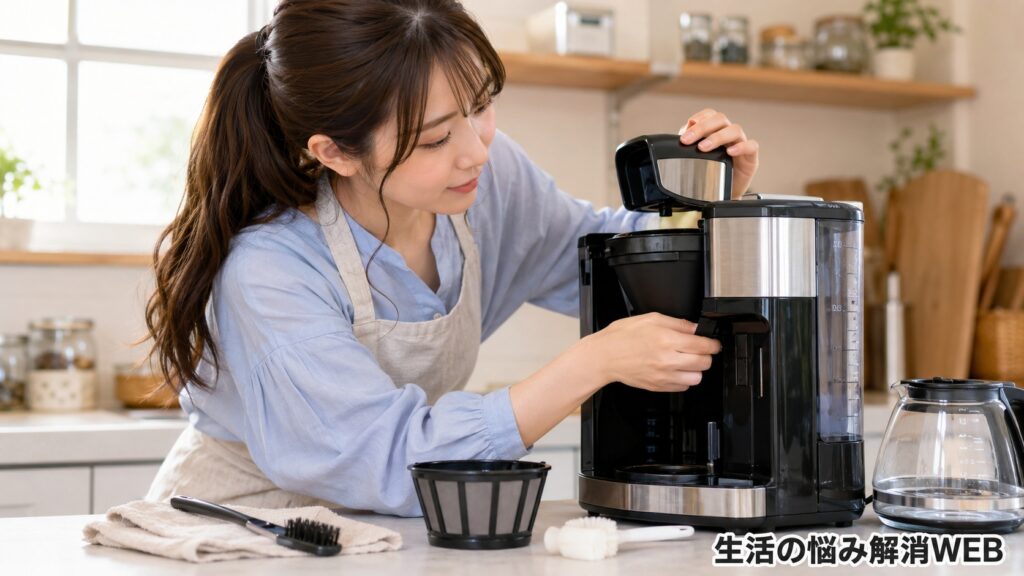 コーヒーメーカーのタンクやフィルター部分を外して、詰まりや汚れを確認する女性
