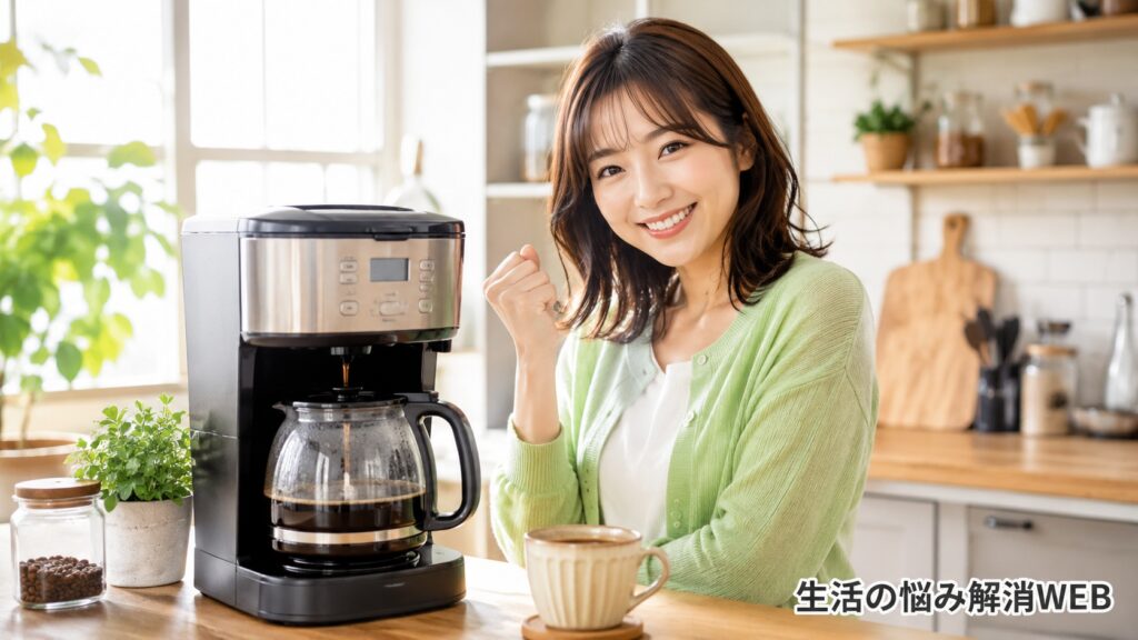 コーヒーメーカーからコーヒーが抽出され、安心して笑顔を見せる女性