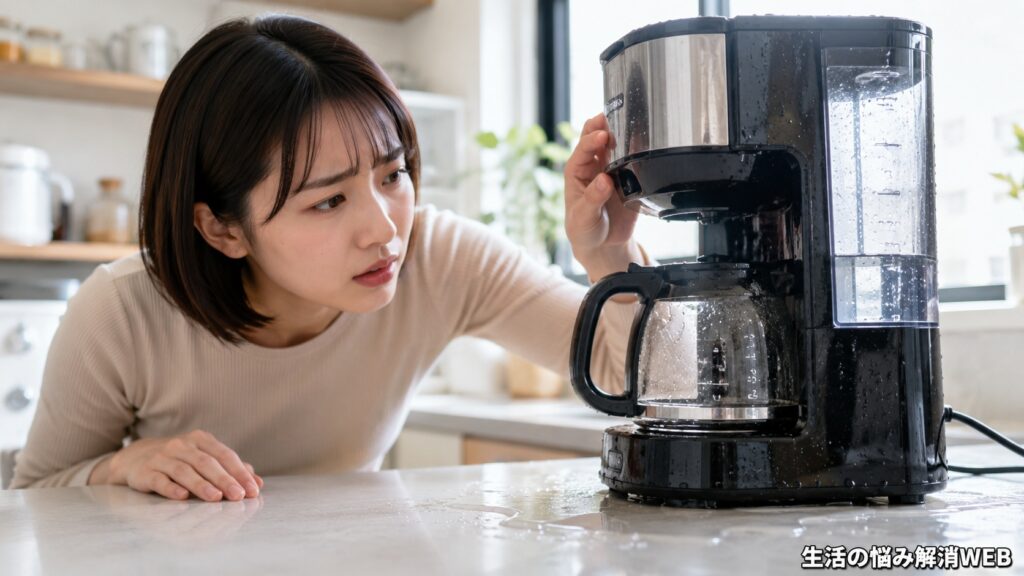 水漏れしたコーヒーメーカーのタンク周辺を確認する女性