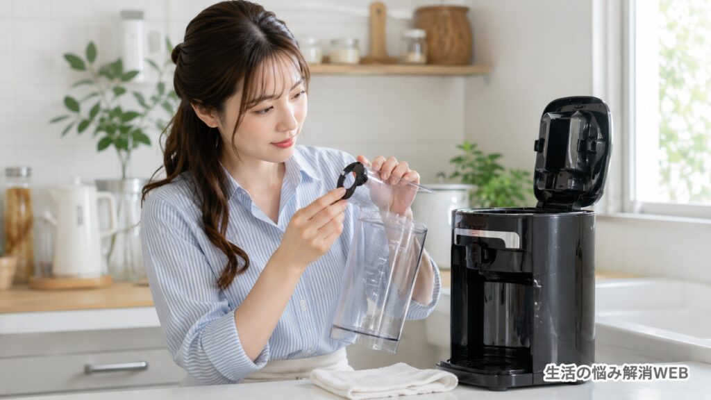 コーヒーメーカーのタンクと接続部を丁寧に確認する女性
