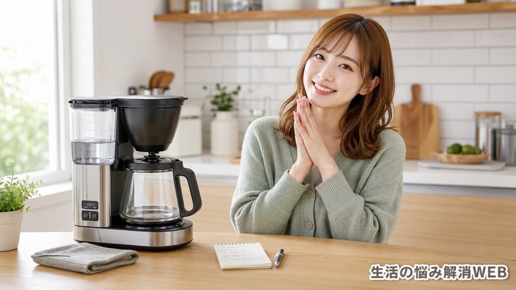 水漏れ確認後のコーヒーメーカーの横で安心した表情を見せる女性