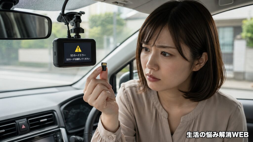 車内でSDカードエラーを表示するドライブレコーダーとmicroSDカードを確認する女性