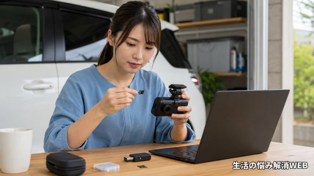 ドライブレコーダーのSDカードをパソコンやカードリーダーで確認する女性