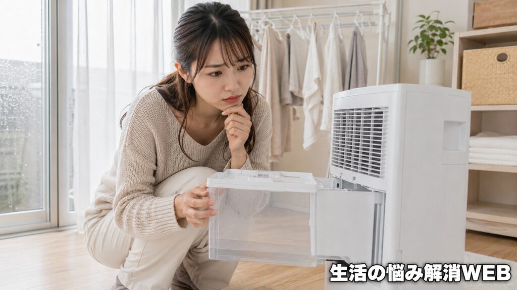 除湿機に水がたまらない原因を確認するため、タンクを引き出して悩む女性
