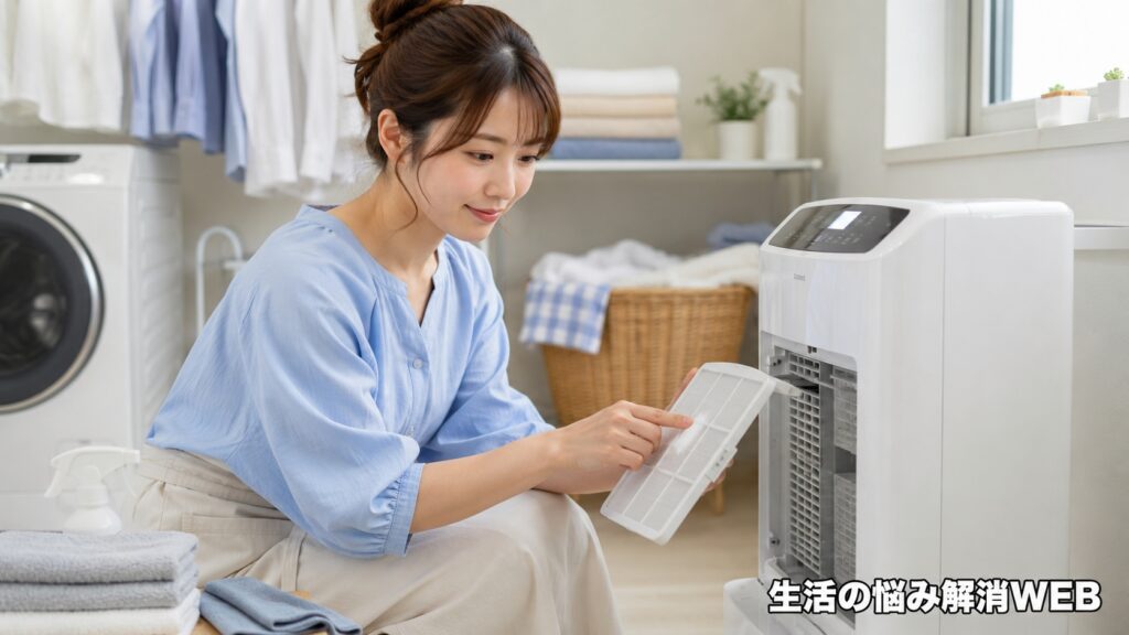 除湿機に水がたまらない時の対策として、フィルターや吸気口を確認する女性