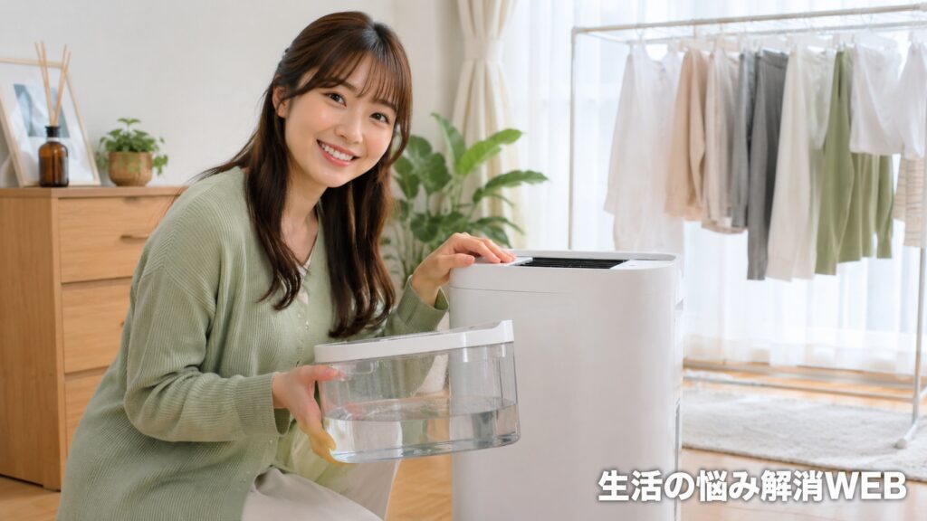 除湿機のタンクに水がたまったことを確認し、部屋干し中の室内で安心した表情を見せる女性