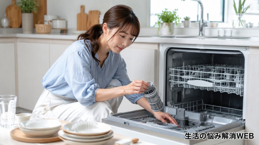 食洗機のフィルターを取り外して、庫内の掃除や詰まり確認をしている女性