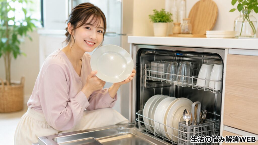 食洗機で洗い上がったきれいな皿を手に持ち、安心した笑顔を見せる女性