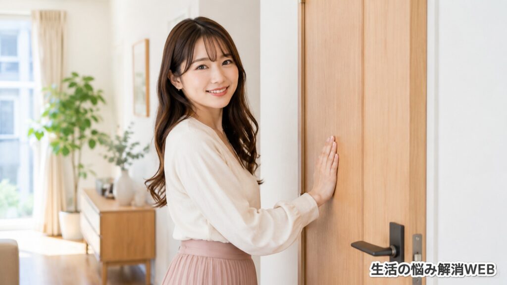 調整後にドアがスムーズに閉まることを確認し、安心した表情を見せる女性