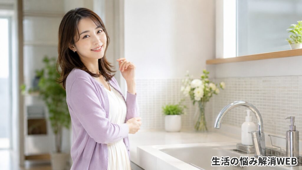 清潔なキッチンで排水まわりの改善後に安心した表情を見せる女性