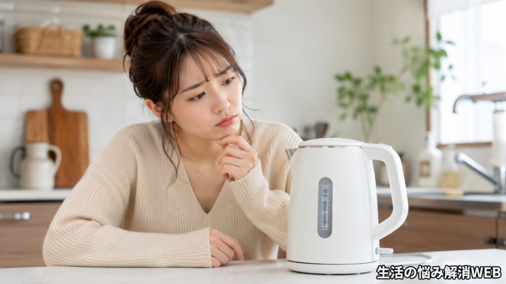 電気ケトルが沸かない原因を考えながら、キッチンで白い電気ケトルを見つめる若い女性