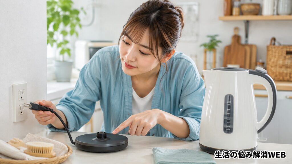 電気ケトルの電源プラグや台座を確認しながら、キッチンで対処法を試す若い女性