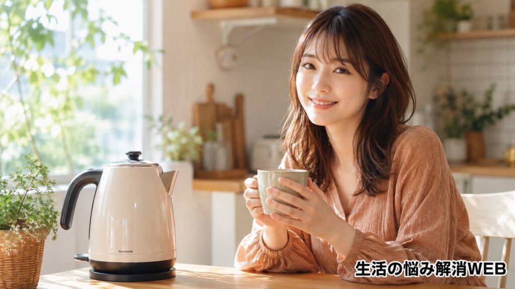 安全確認後に電気ケトルで入れた温かい飲み物を手に、キッチンで安心してくつろぐ若い女性
