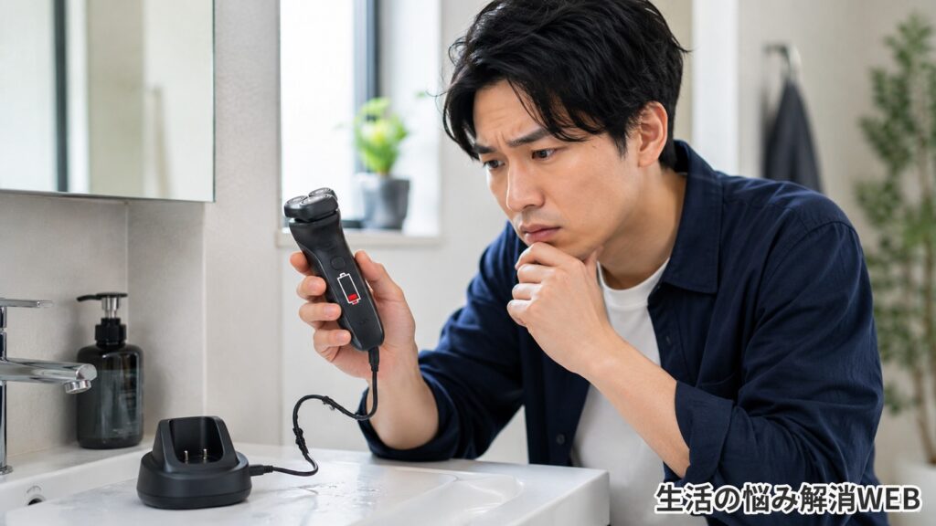 充電できない電動シェーバーを持ち、洗面台で原因を確認している日本人男性
