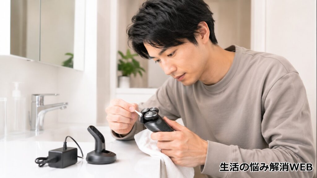 電動シェーバーの充電端子や刃まわりを綿棒でやさしく手入れしている日本人男性