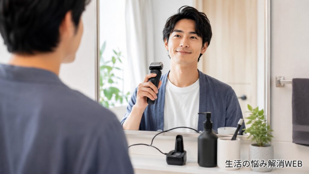 充電不良を確認した後、洗面台の前で電動シェーバーを手に安心した表情を見せる日本人男性