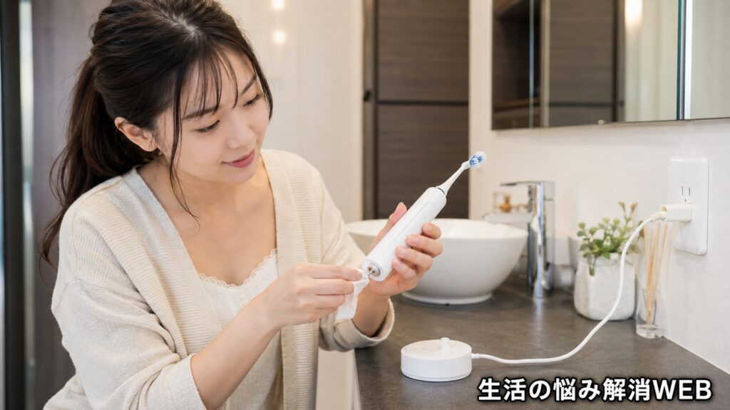 バスルームで電動歯ブラシ本体の充電部分をやさしく拭き取り、充電トラブルの対策をしている若い女性