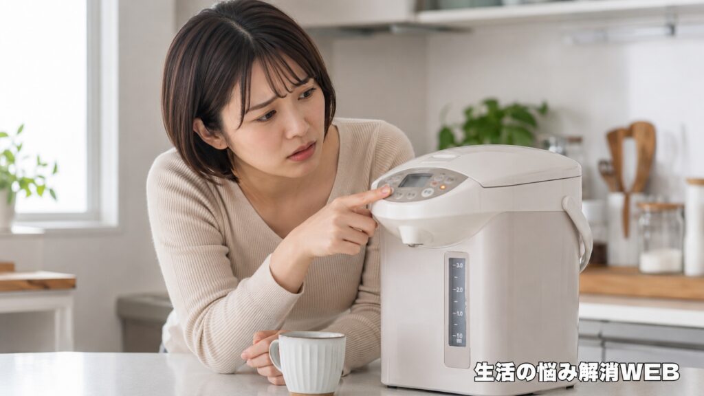 電気ポットの操作パネルを確認しながら、お湯が出ない原因を調べる女性