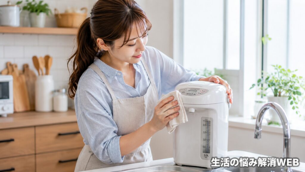 キッチンで電気ポットを布で手入れしながら、給湯トラブルの対処を行う女性