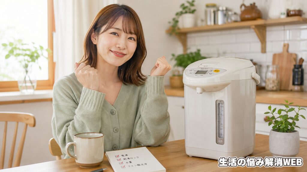 電気ポットの確認ポイントをチェックし、解決できて安心した表情の女性