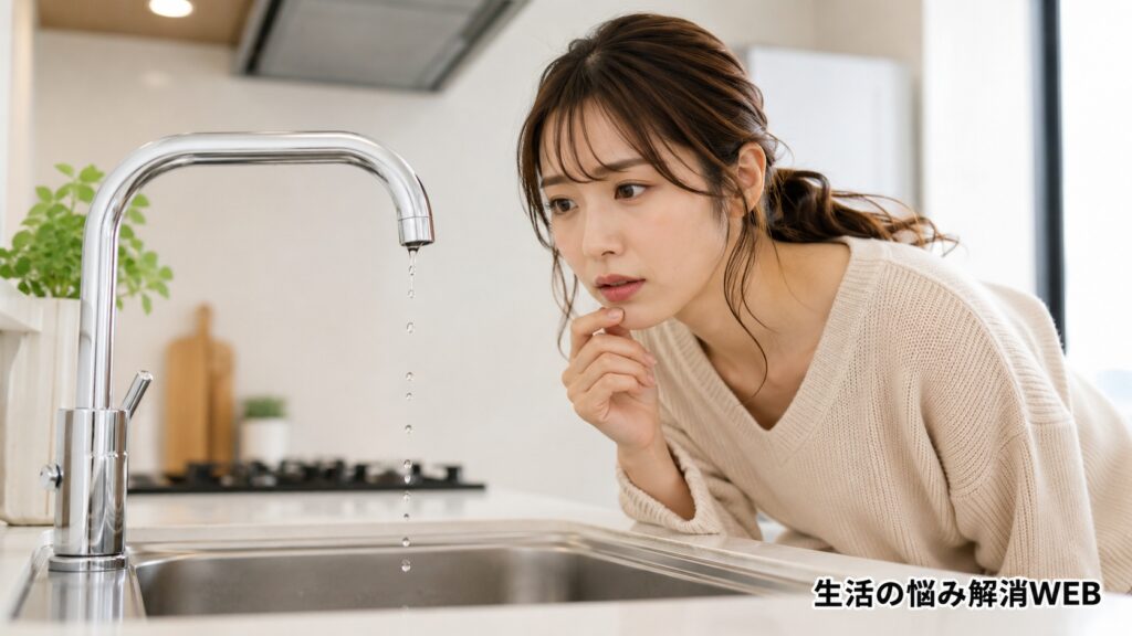 キッチンの蛇口から水がポタポタ落ちる様子を心配そうに確認する女性