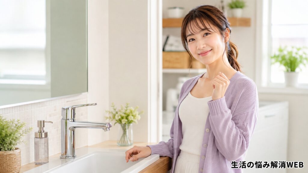 水漏れが解消した洗面台の前で安心した表情を見せる女性