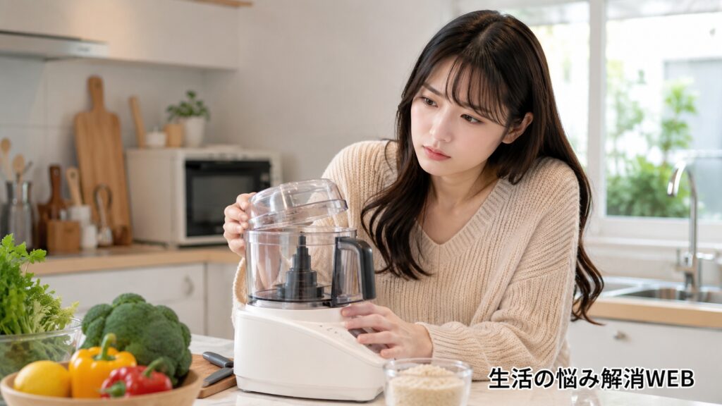 キッチンで若い女性がフードプロセッサーのふたや容器の取り付けを確認している様子