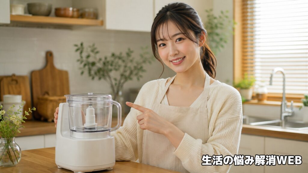 フードプロセッサーの安全ロックと取り付けを確認し、安心した表情の若い女性がキッチンにいる様子