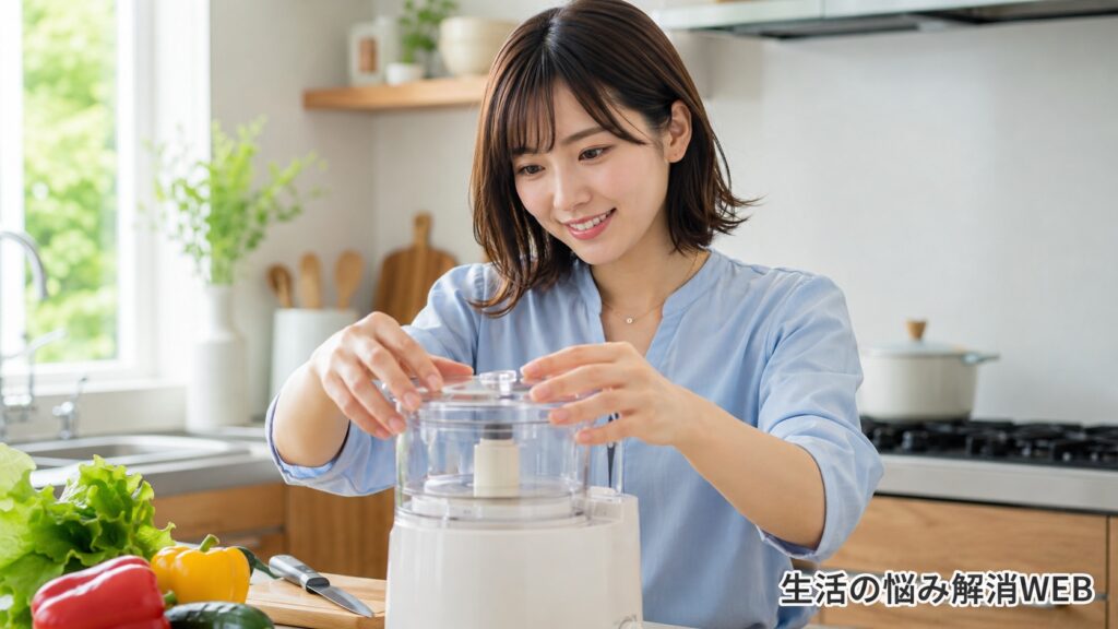 明るいキッチンで若い女性がフードプロセッサーのふたを付け直しながら対処している様子