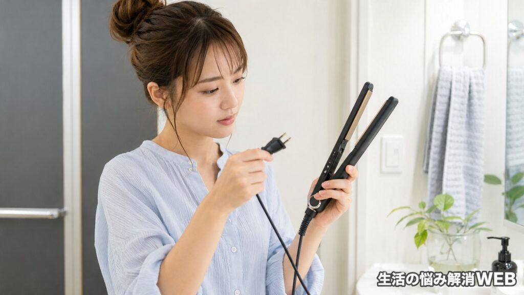 洗面所でヘアアイロンのプラグと本体を確認し、温まらない原因を調べている若い女性