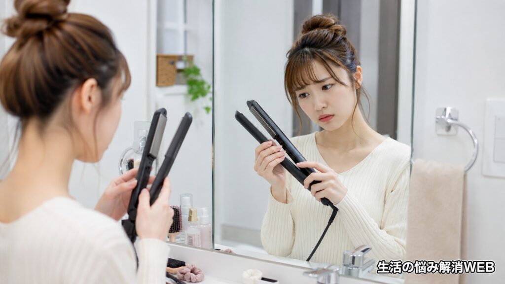 鏡の前でヘアアイロンの状態を確認しながら、温まらない時の対処を試している若い女性